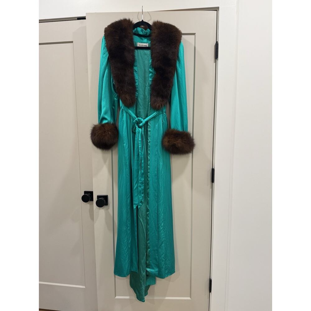 Vintage Natori Dressing Gown Jade Green Fur Trim Hollywood Regency Gatsby Robe
